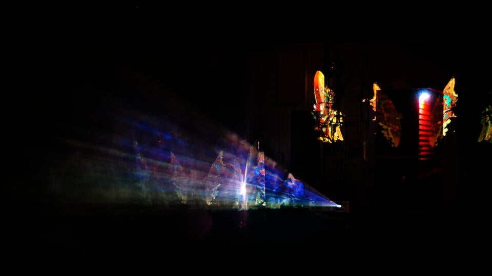 Photogrammetry animation and microscope video of a butterfly cross-projected on fog and acetate.