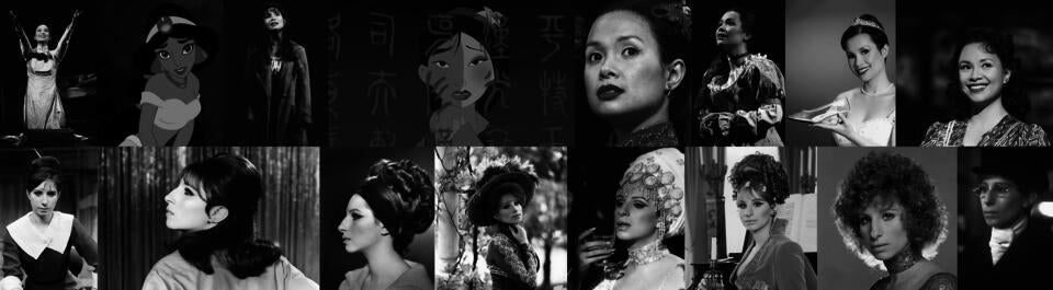 There are two rows of photos; on the top is Lea Salonga in various roles; on the bottom is Barbra Streisand in various roles