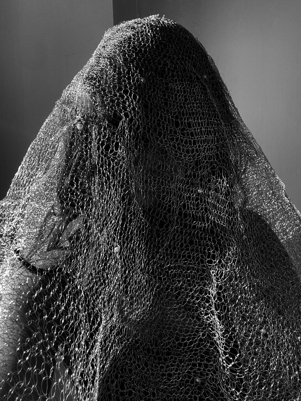 There is a girl wearing a metal veil with pearls to obscure her face.
