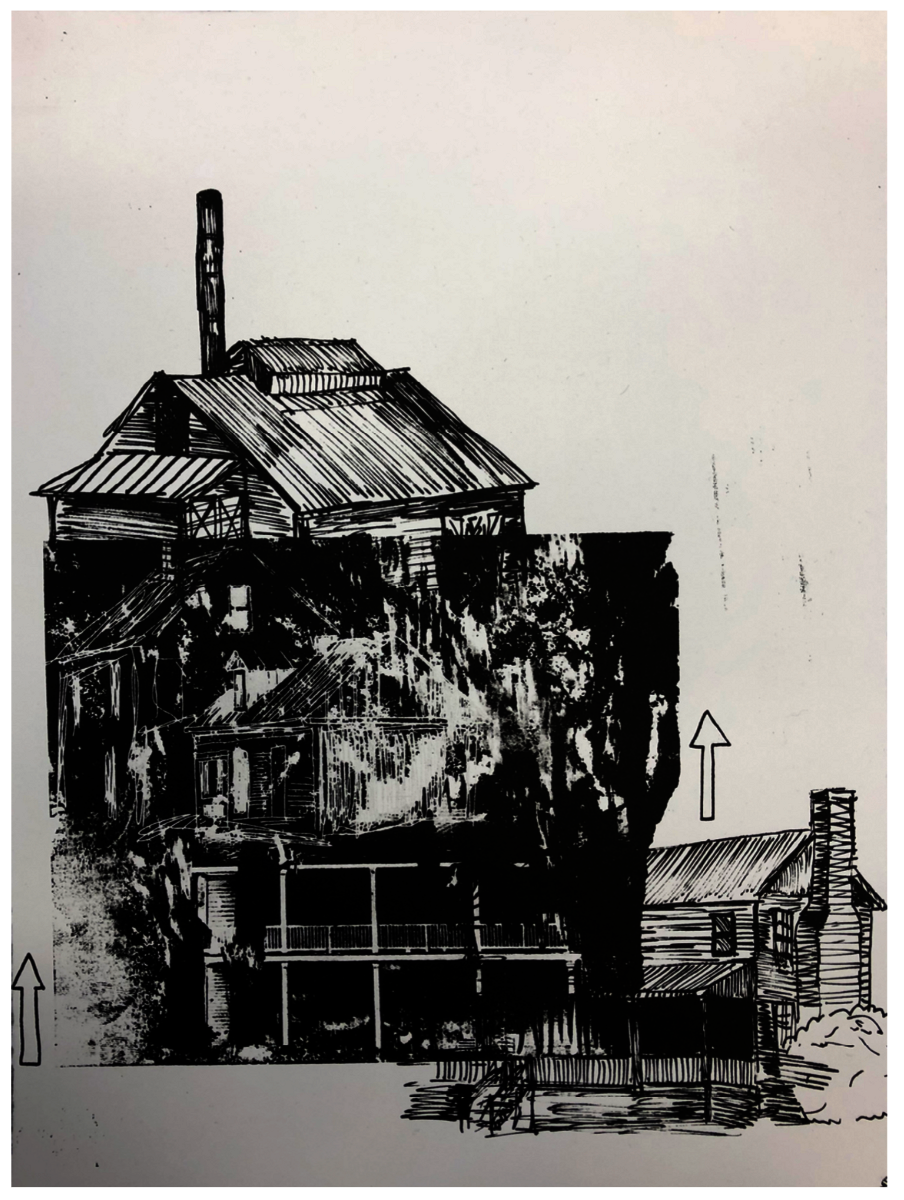 Overlapping drawings and collage of various carpentry styles found along the Eastern Seaboard