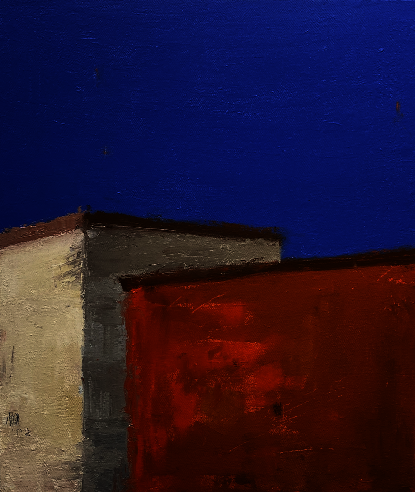 Two buildings that are large blocks of color, left is cream, right is a fire orange, very blue sky. 
