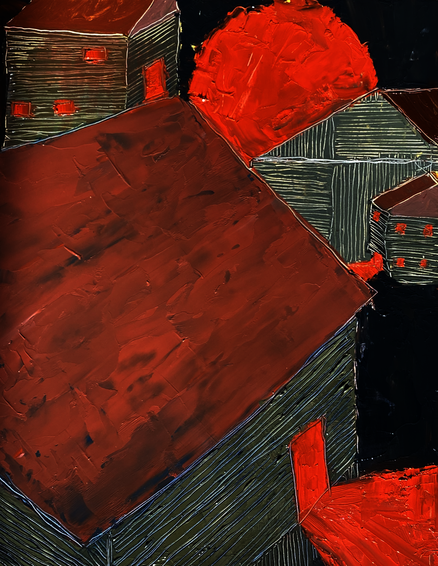 Four cabins postitioned throughout the panel with a large red sun on the horizon. The sunlight travels from cabin to cabin through open doors