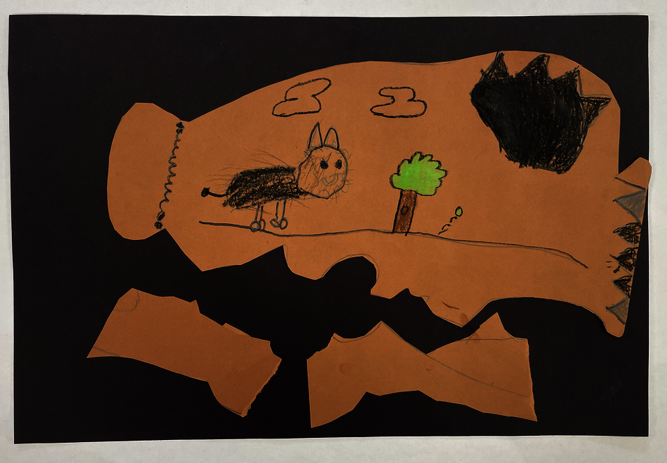 Image of student artwork. Student turned paper sideways to show a vase that has fallen over. The image shows a dog playing with a tennis ball.