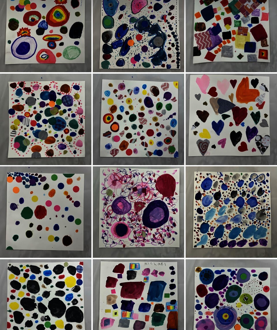 12 student artworks, in each artwork chose a shape and repeat it over and over again to obliterate their paper