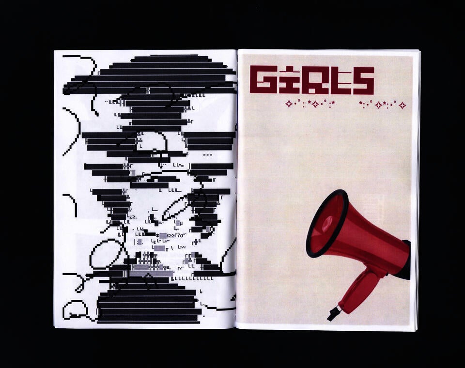 A spread from the zine. One side has a mix of pixel drawings and blocks. The other side says "Girls" with a megaphone.
