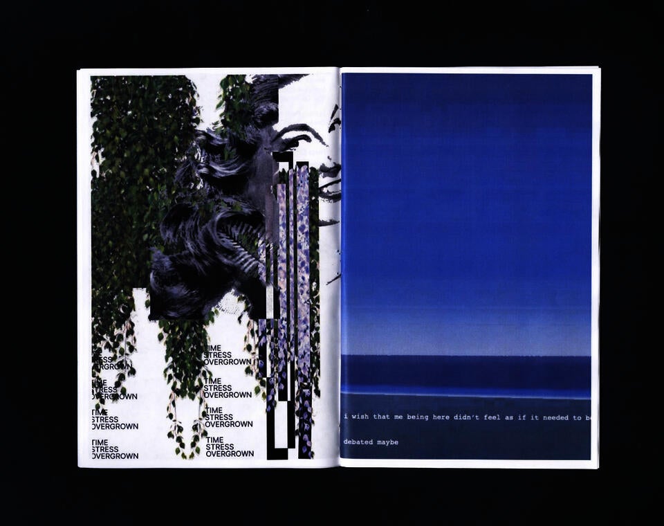 A spread from the zine. One side has collaged images and other other side has a photo of the ocean.