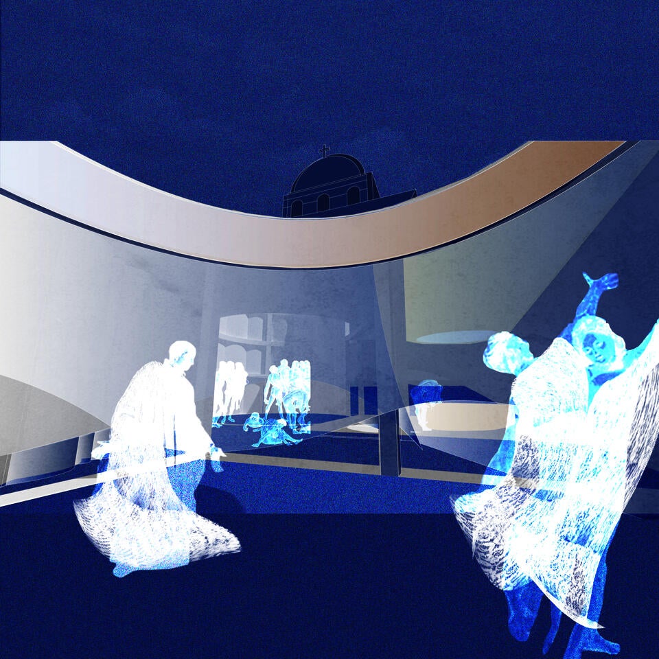 There is a circular golden ring in the ceiling of the space.People begin to put on lace robes onto themselves.