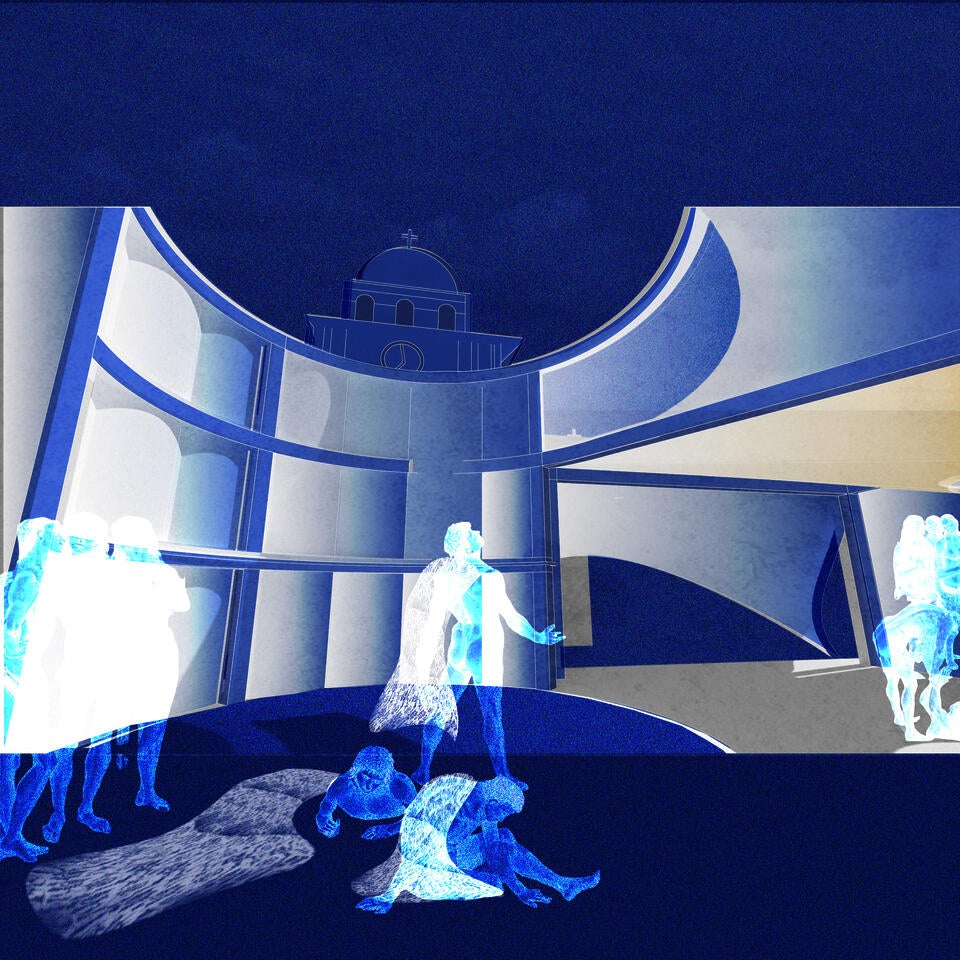 A tall atrium space is found and people begin to remove their lace robes and proceed to rinse them in a final bath. 