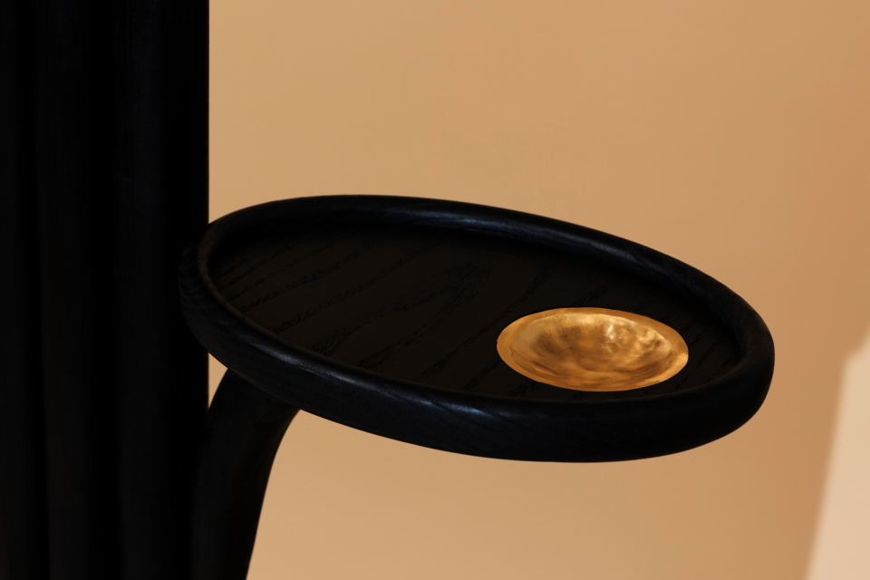 Black archway double sided mirror with hammered bronze details