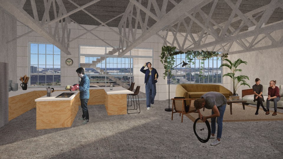 collage render of communal kitchen and living area with people 