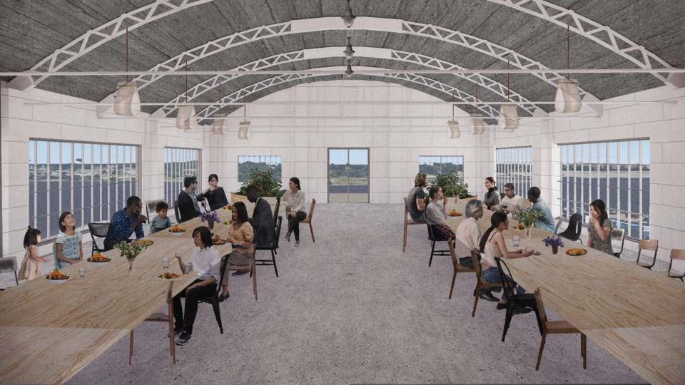 collage render of many people around two long tables 