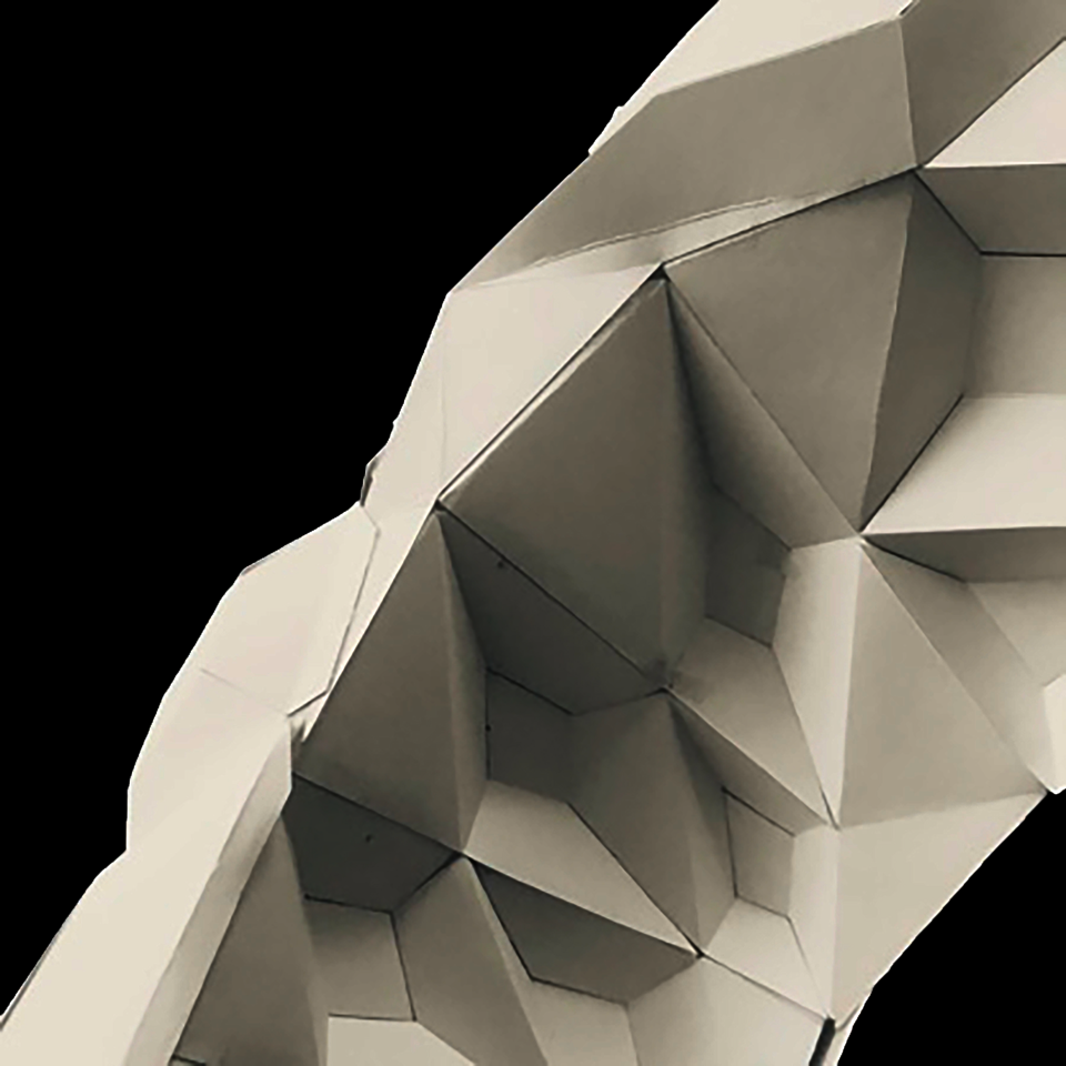 A closeup view of the folds and connections of the physical model. 