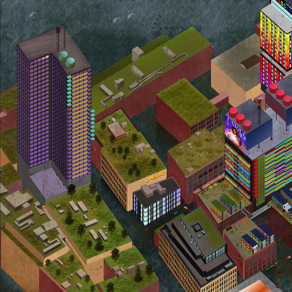  Isometric Digital Drawing, Facing North, Depicting the Seaport District in Boston, MA, in the year 2100.