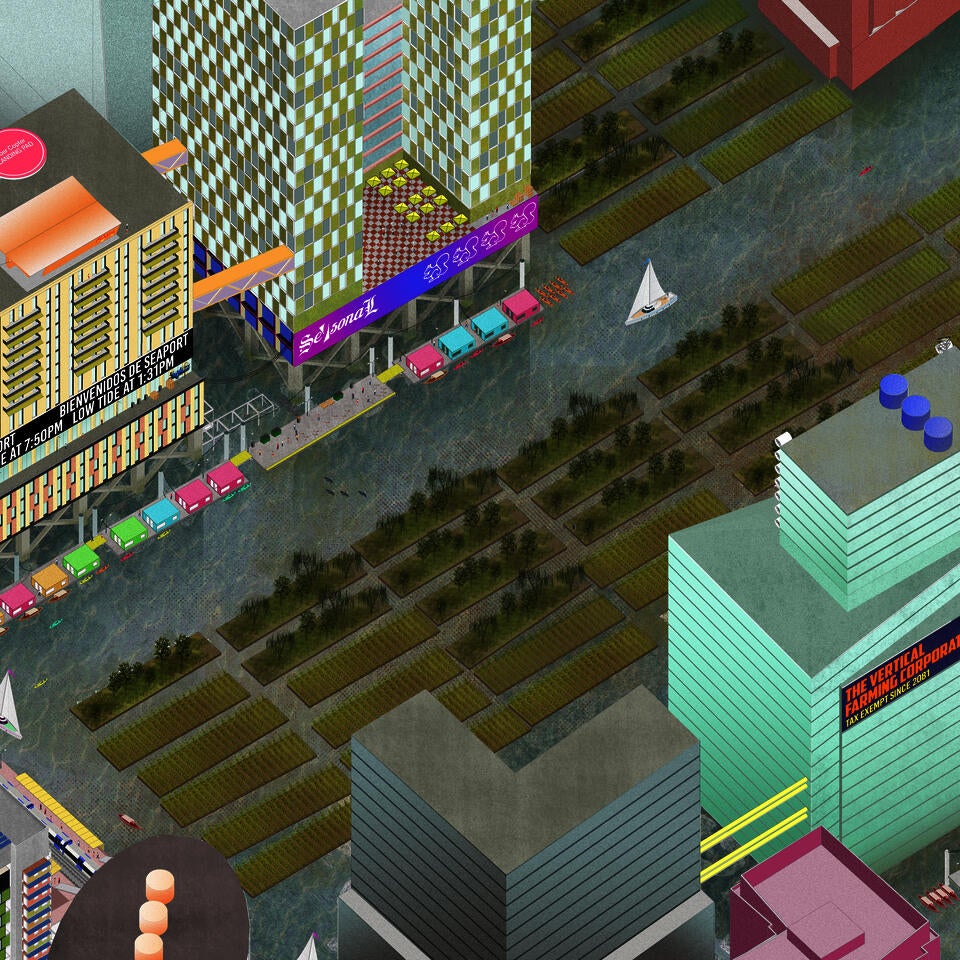  Isometric Digital Drawing, Facing North, Depicting the Seaport District in Boston, MA, in the year 2100.