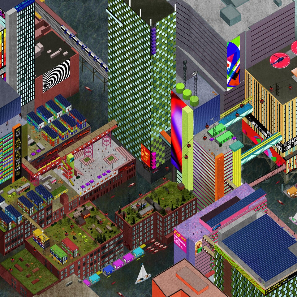  Isometric Digital Drawing, Facing North, Depicting the Seaport District in Boston, MA, in the year 2100.