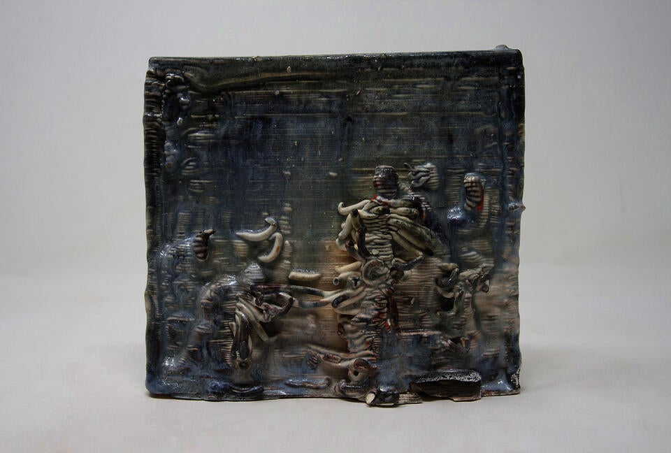 Blue-glazed ceramic tile scene of 5 abstract figures