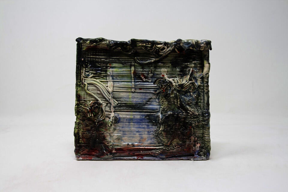 Blue, green, and red glazed ceramic tile scene of 5 abstract figures