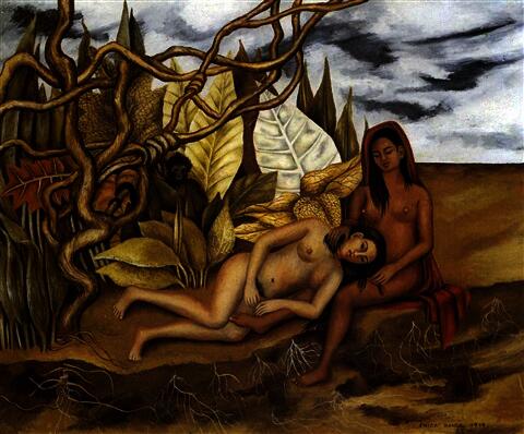 Painting of two naked women at the edge of a jungle
