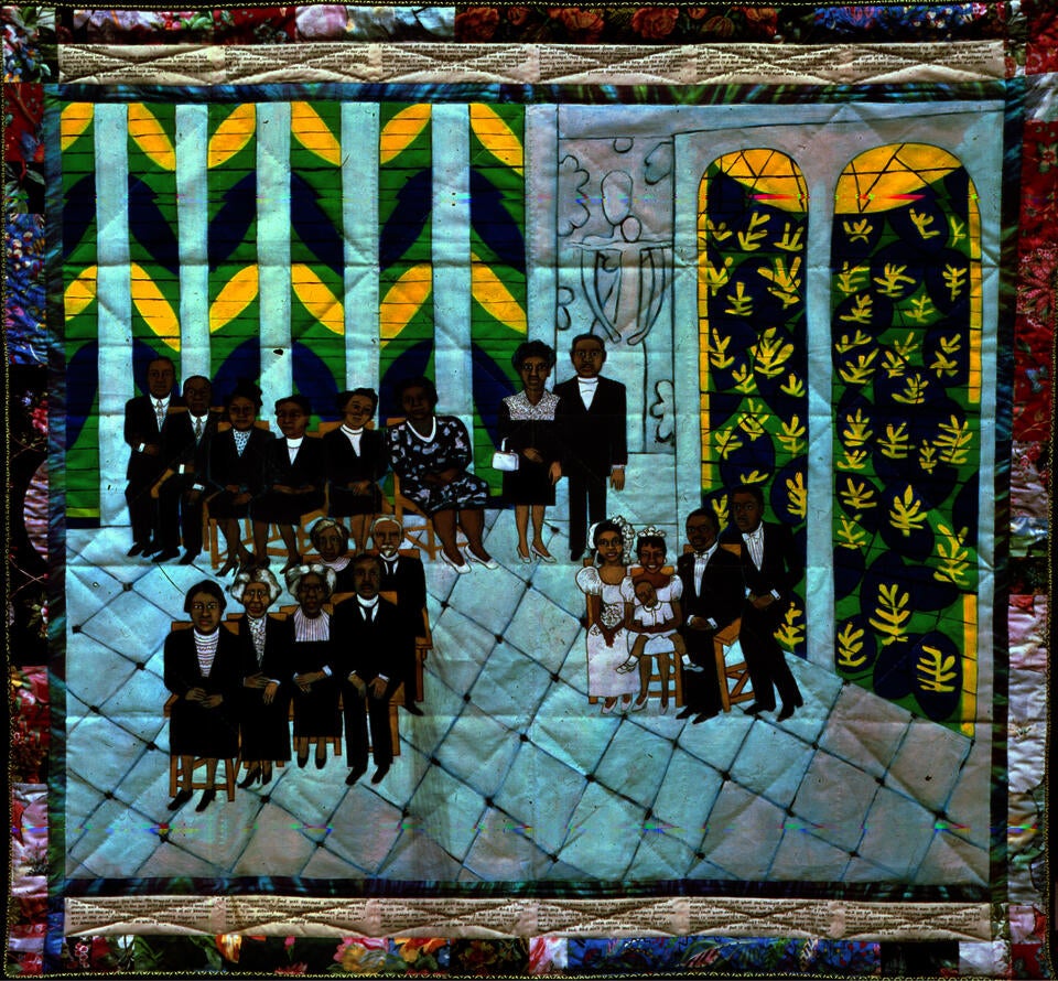 Fabric painting of Faith Ringgold’s family in Matisse’s Chapel