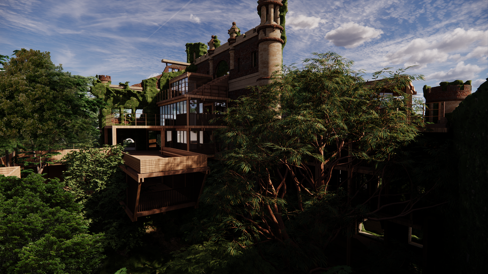 Wooden structures can support precarious ruins. Over time, vines will bestow the architecture with a new skin.