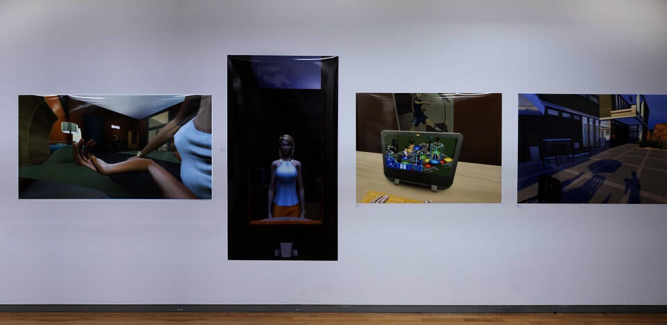 A series of large prints featuring life-sized digital avatars in a suburban environment from a first person perspective