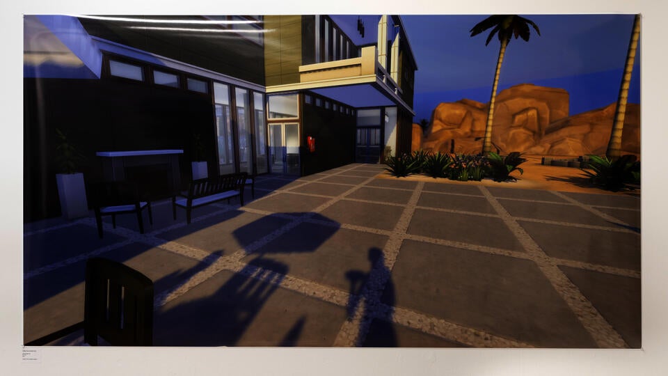 A shadow of a digital avatar with her dinner on her suburban patio