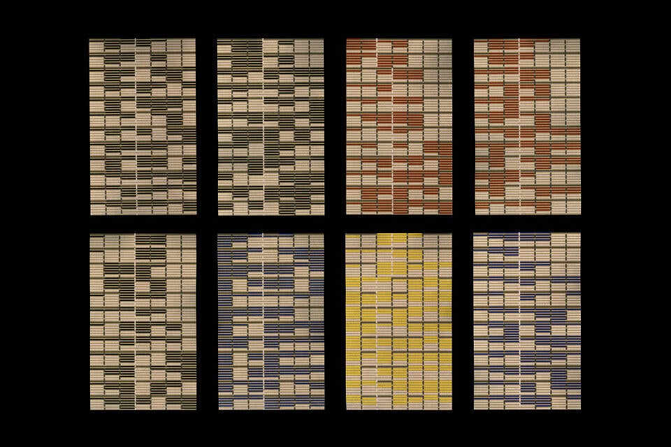 Stock price pattern prints of the eight highest market capitalization corporations in the US, January–December 2022, front view.