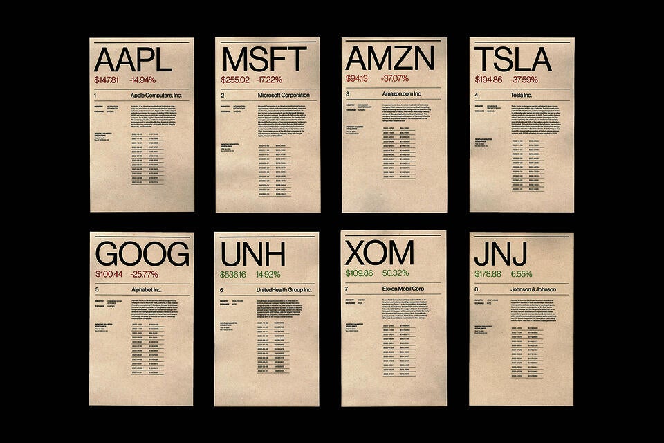 Back view of the prints of the same eight companies, displaying the actual stock data.