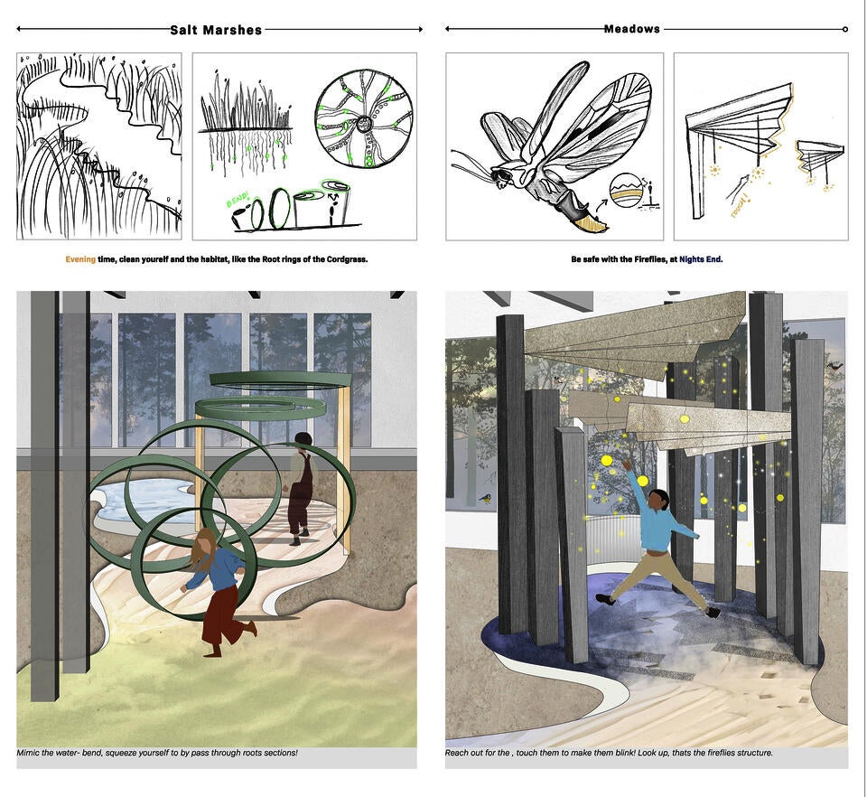 While navigating through the various zones, four concepts took shape translating- time of day, native ecosystems and their textural and materiality qualities and lastly, mimicing biomimcry actions corresponding to daily life survival tasks for the respective organisms in nature.