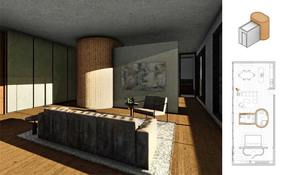 Digital rendering of a living room accompanied by its floorplan and an axonometric drawing of a curved space joining a rectilinear space.