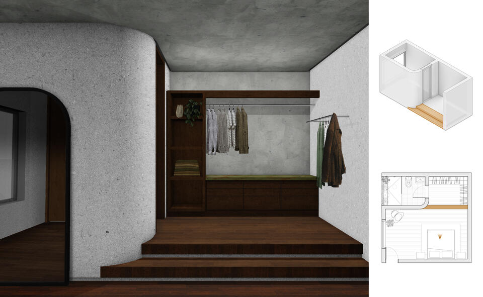 Digital rendering of a closet that opens up to the bedroom, accompanied by a floor plan and axonometric diagram of the boundary. The closet is two steps higher than the floor of the bedroom.