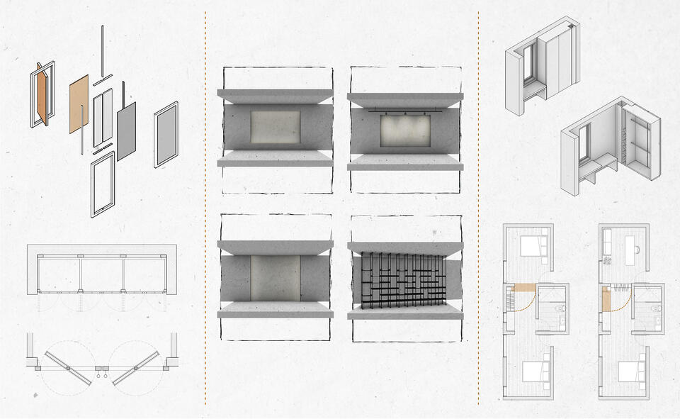 Axonometric drawing of a cabinet that rotates to change finishes, digital collages of wall art niches, and an axonometric view of a rotating wardrobe. Accompanied by their respective floorplans.