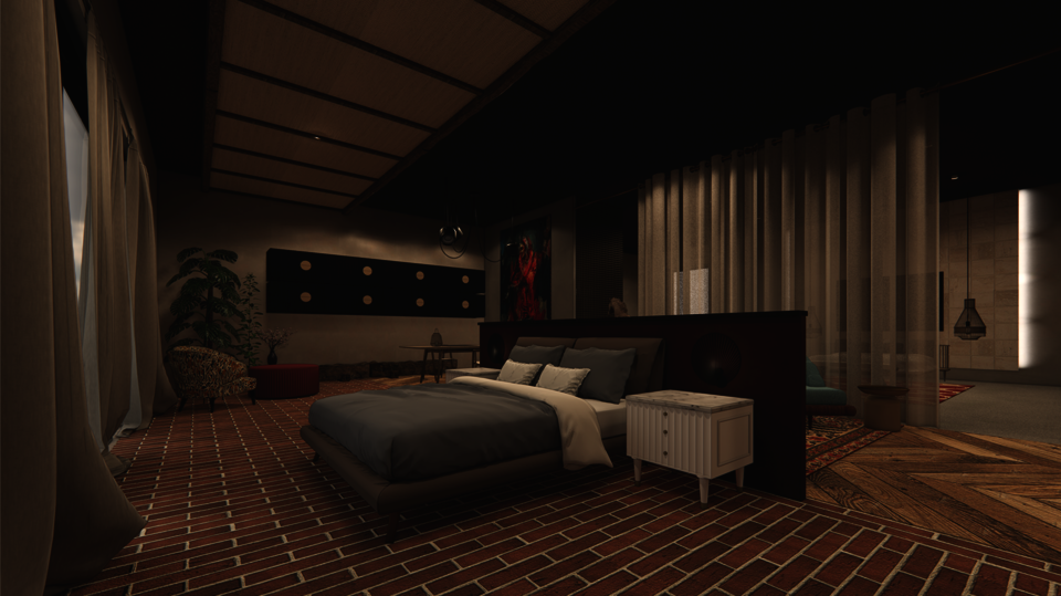 The use of materials and lighting on the upper floor contrast drastically from the floor below, a sense of rest at the end of the journey.