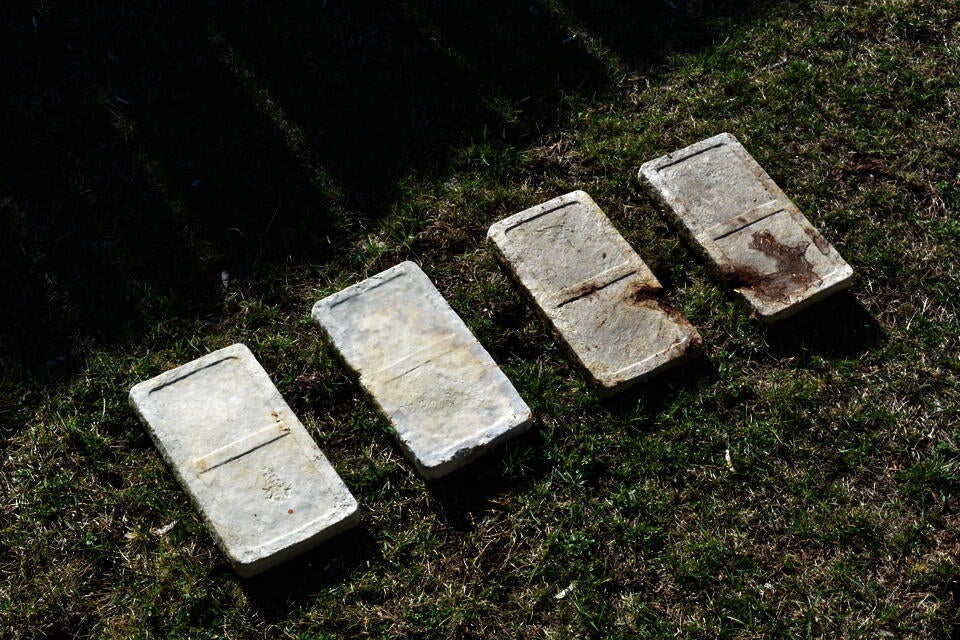 Four whitish-brown bricks laid in grass, deteriorating in color and form from right to left