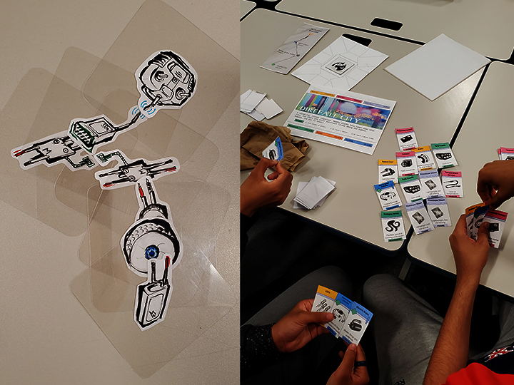 Collage of 2 color photos showcasing the prototype cards that was used during testing, the left side is an early transparent version while the right side is the paper prototype.