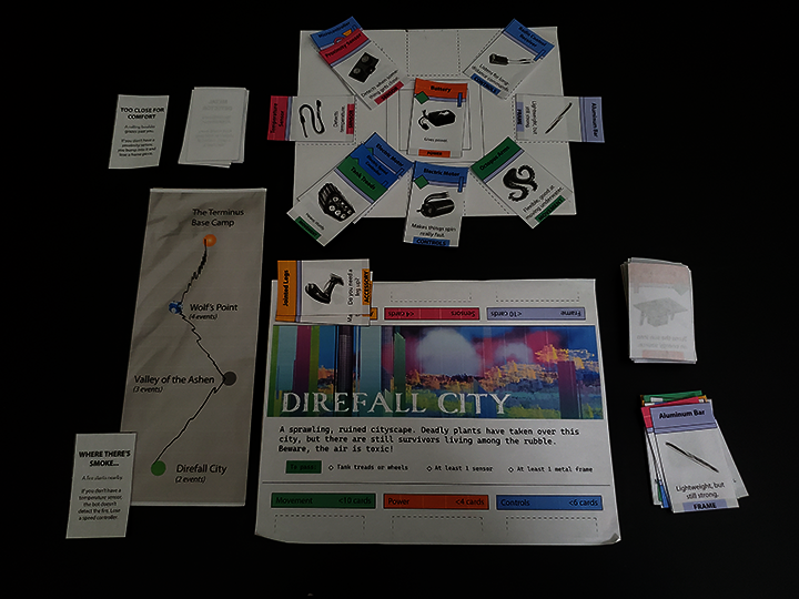An overhead view of the paper prototype used during testing, displayed as 3 printed sheets and paper cards.