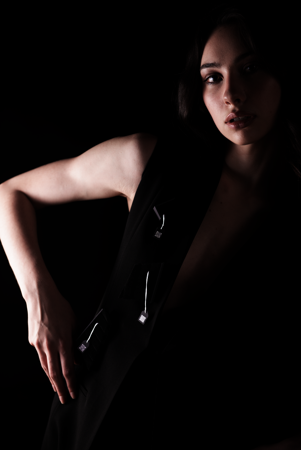 A model wearing 3 of 12 brooches on her and stand in an angle gesture.