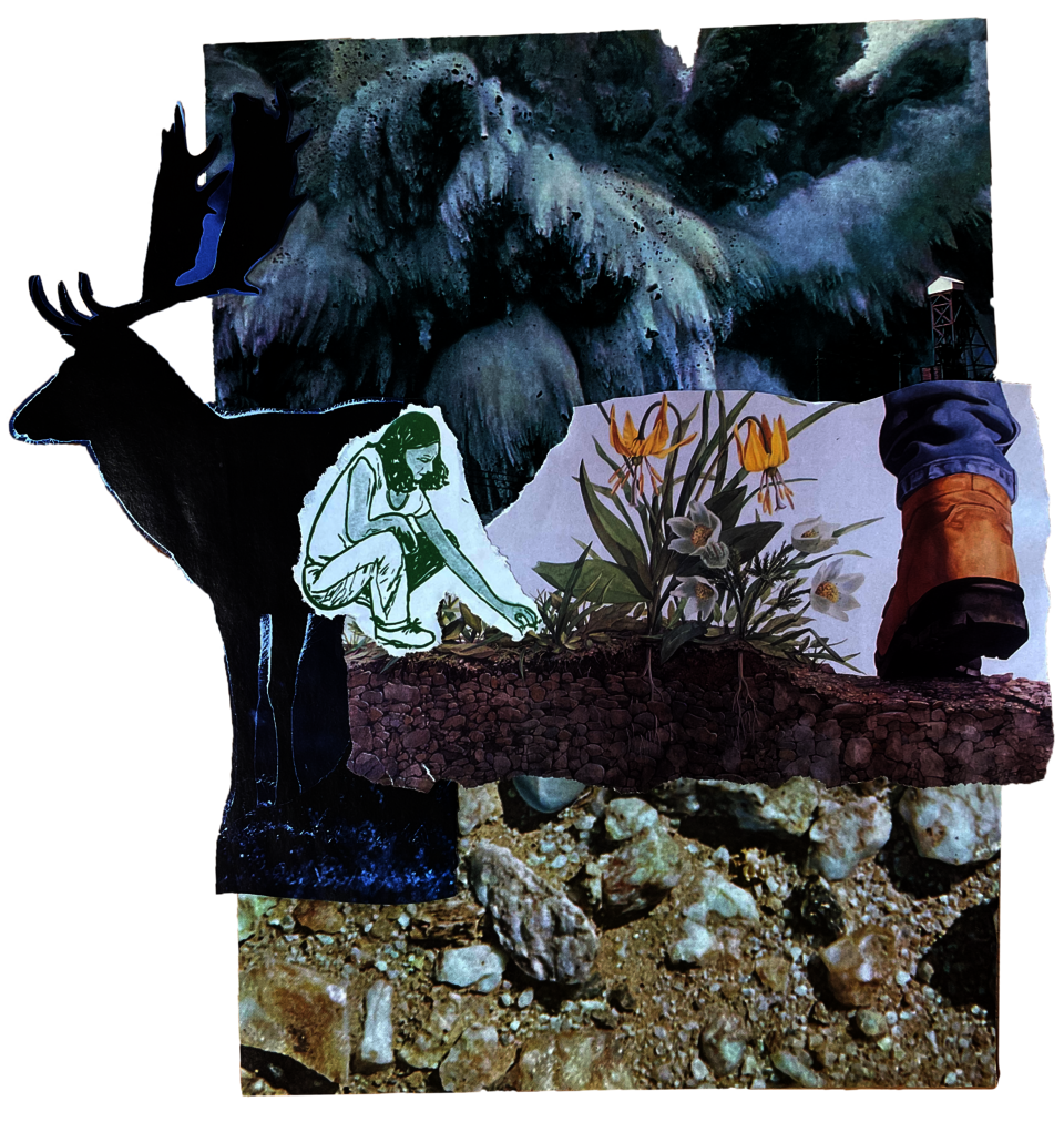 A woman kneels to tend a plant while a large boot enters the field seemingly about to crush it