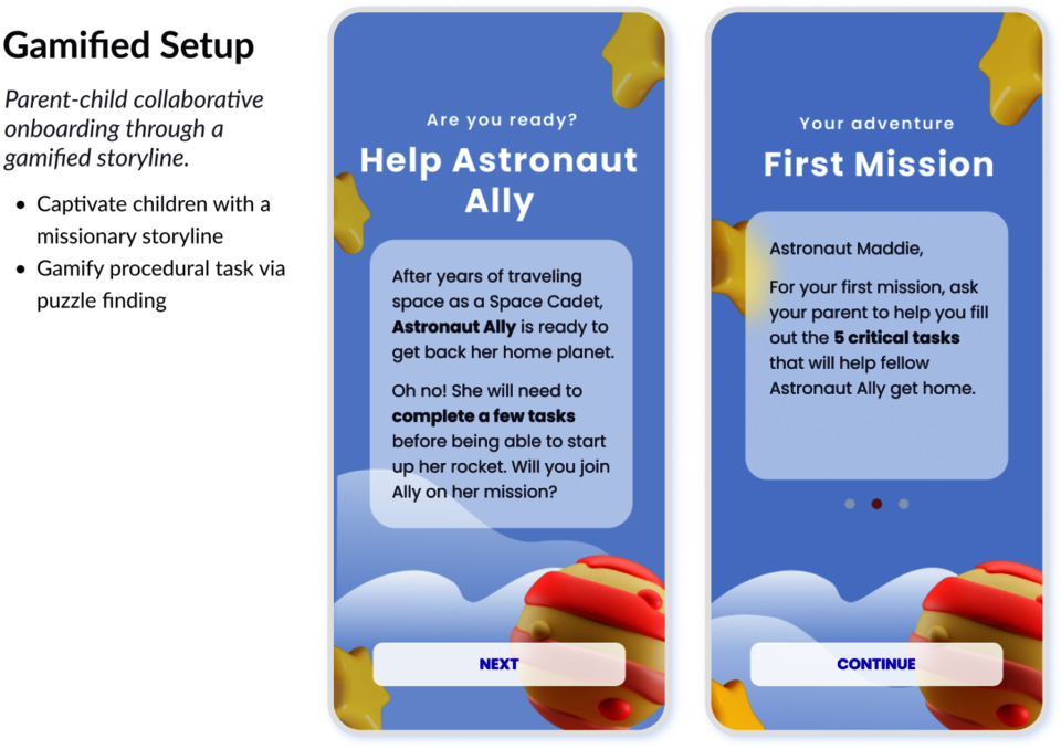 Walkthrough of mobile app key feature: gamified product setup.