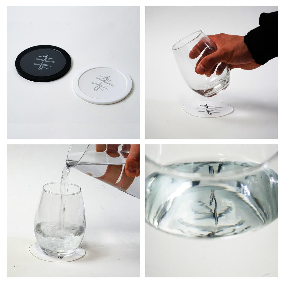 A set of pictures showing the process of pouring water into a glass cup
