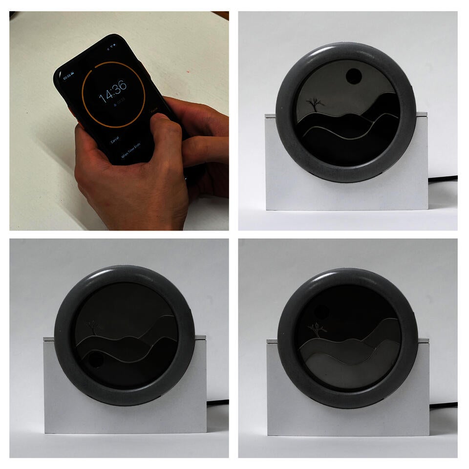 A set of pictures showing a white timer moving and the graphic on dial is changing