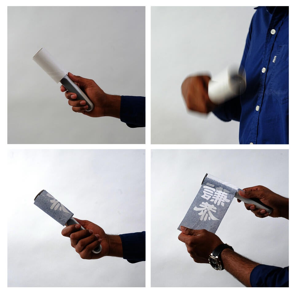 A set of images showing the process of a man in blue clearing his shirt