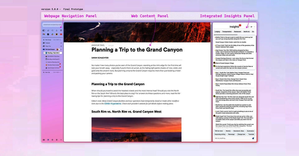Navigate with ease through our design layout featuring a webpage navigation panel on the left, web content in the middle, and an integrated insights panel on the right.