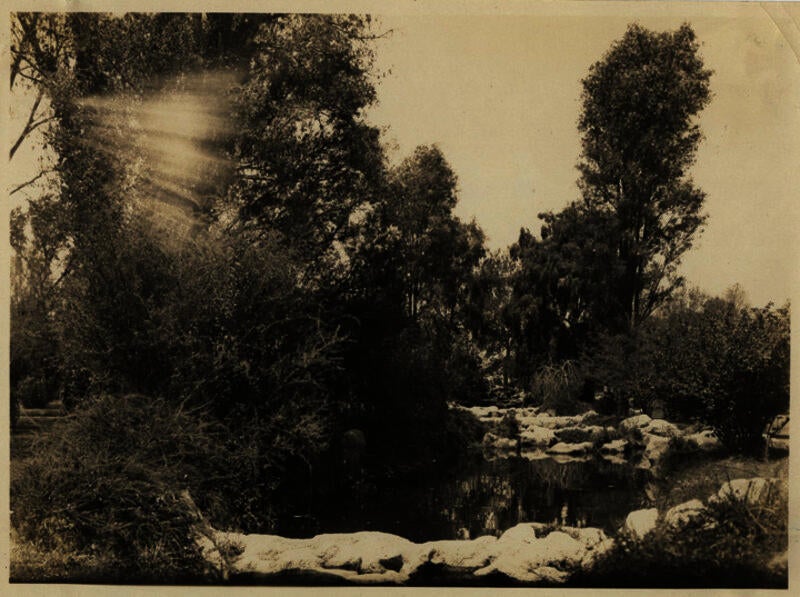Trees, rocks, and large boulders encircle a small lagoon. 