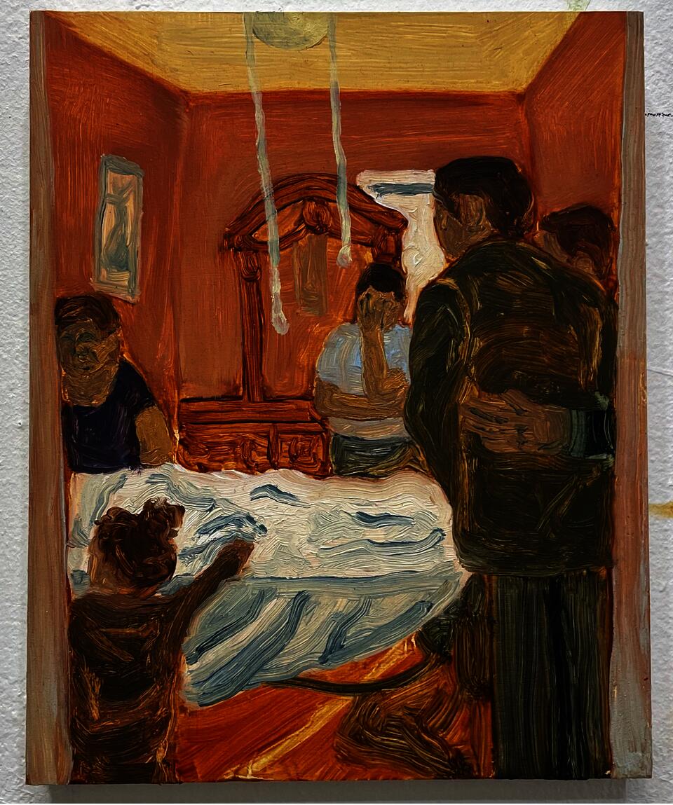 Painting of a family surrounding a bed 