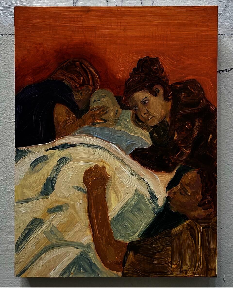Three female figures surround a male figure in a bed