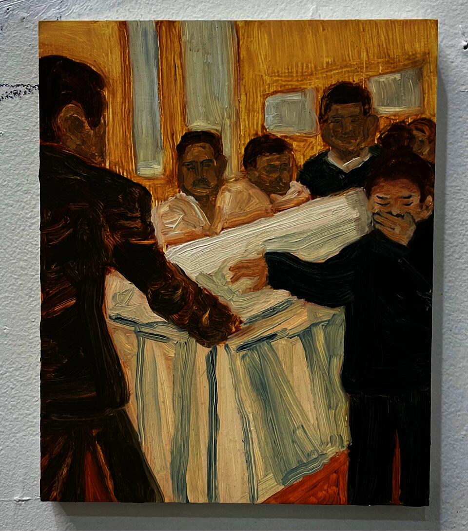 A funeral procession with the family at the side of the casket 