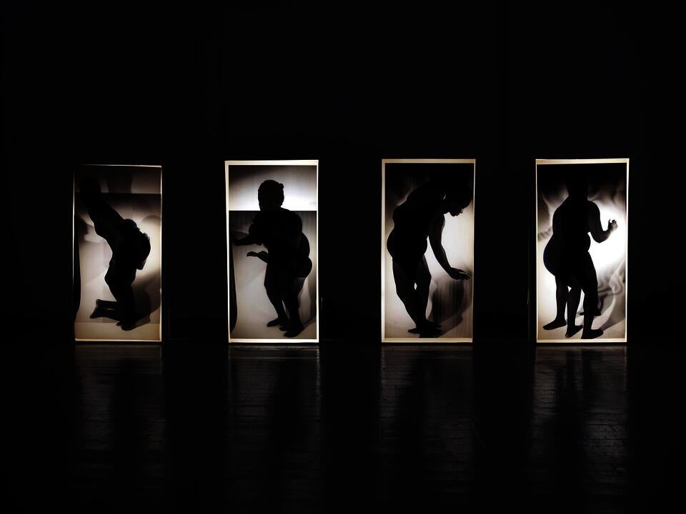 light boxes with twinned figures illuminated on top