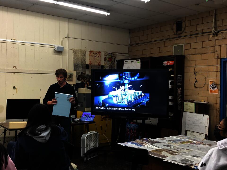 Seva explains how working with blue foam can mimic industrial manufacturing processes such as CNC milling.