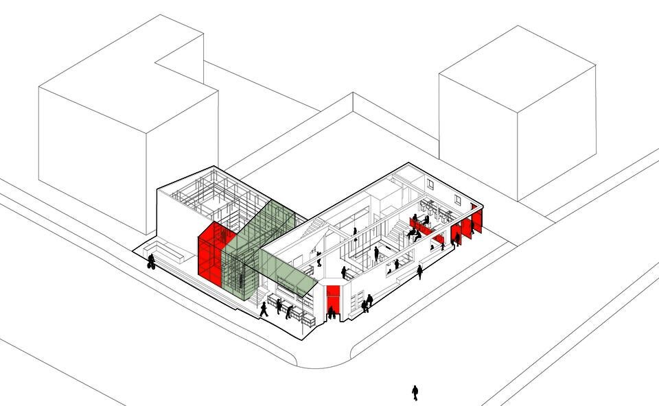Axonometric view of the intervention, indicating clear and orange polycarbonate materials.